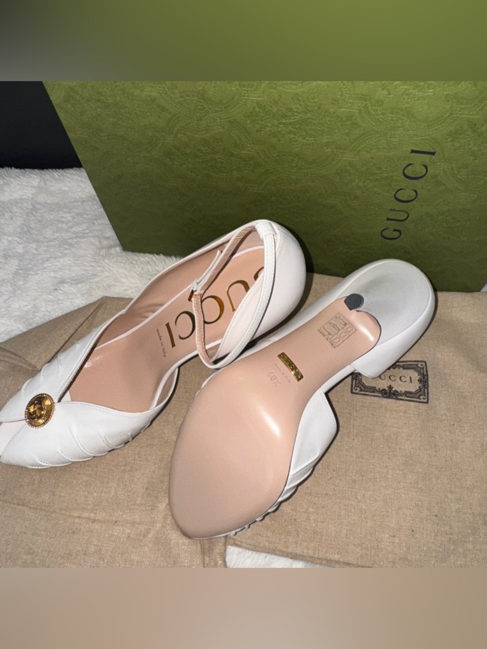 Gucci Ivory Peep-Toe Ankle-Strap Heels with Gold Medallion - Picture 6 of 10
